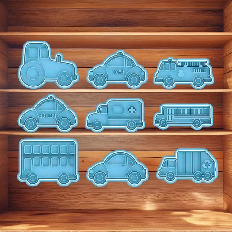  Vehicles Cookie Cutter Set, Stainless Steel, Tractor Taxi Firetruck Police Ambulance School Bus Double Bus Beetle Rubbish Truck Shapes